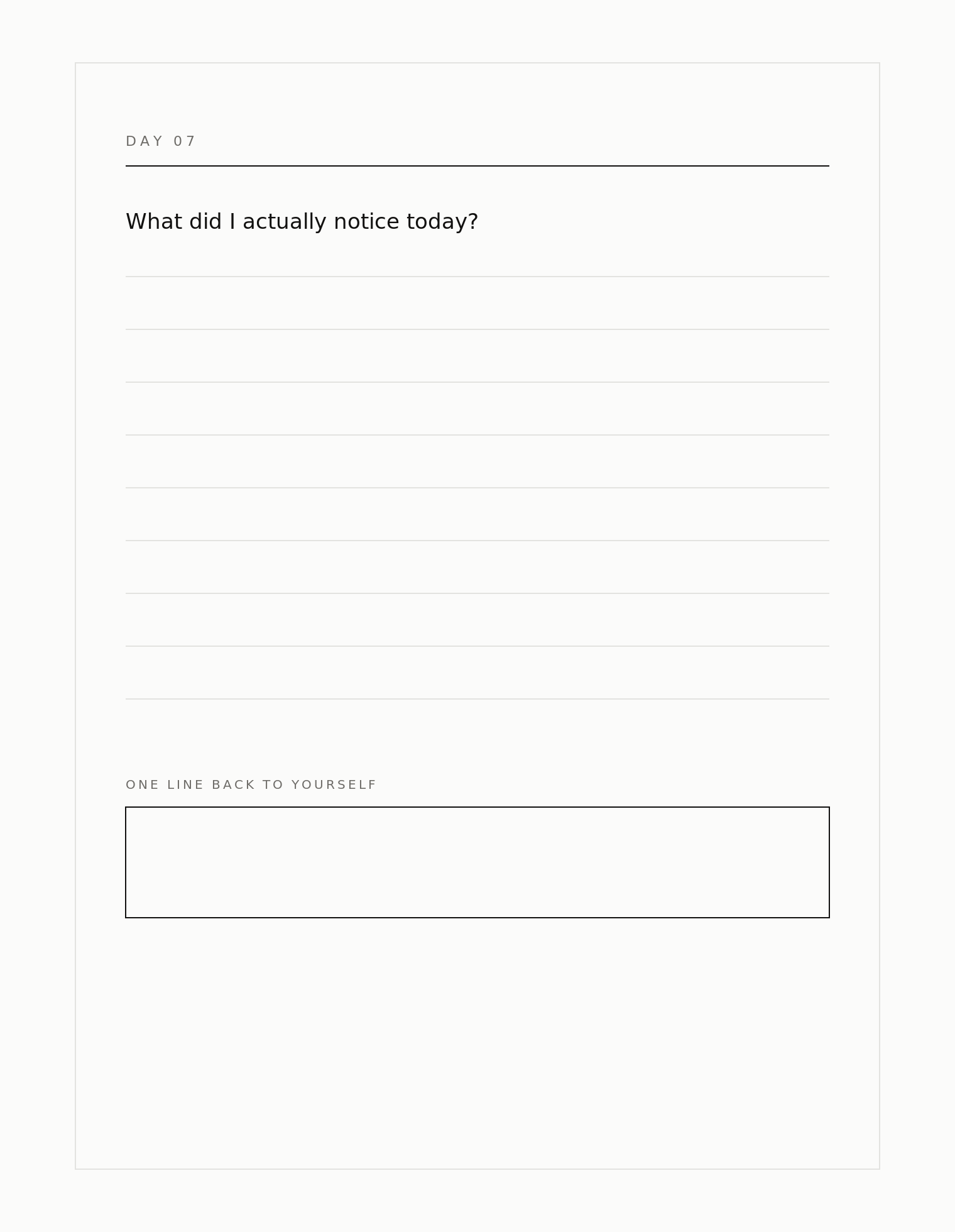 A workbook page: a question, ruled space to answer it, and one line back to yourself