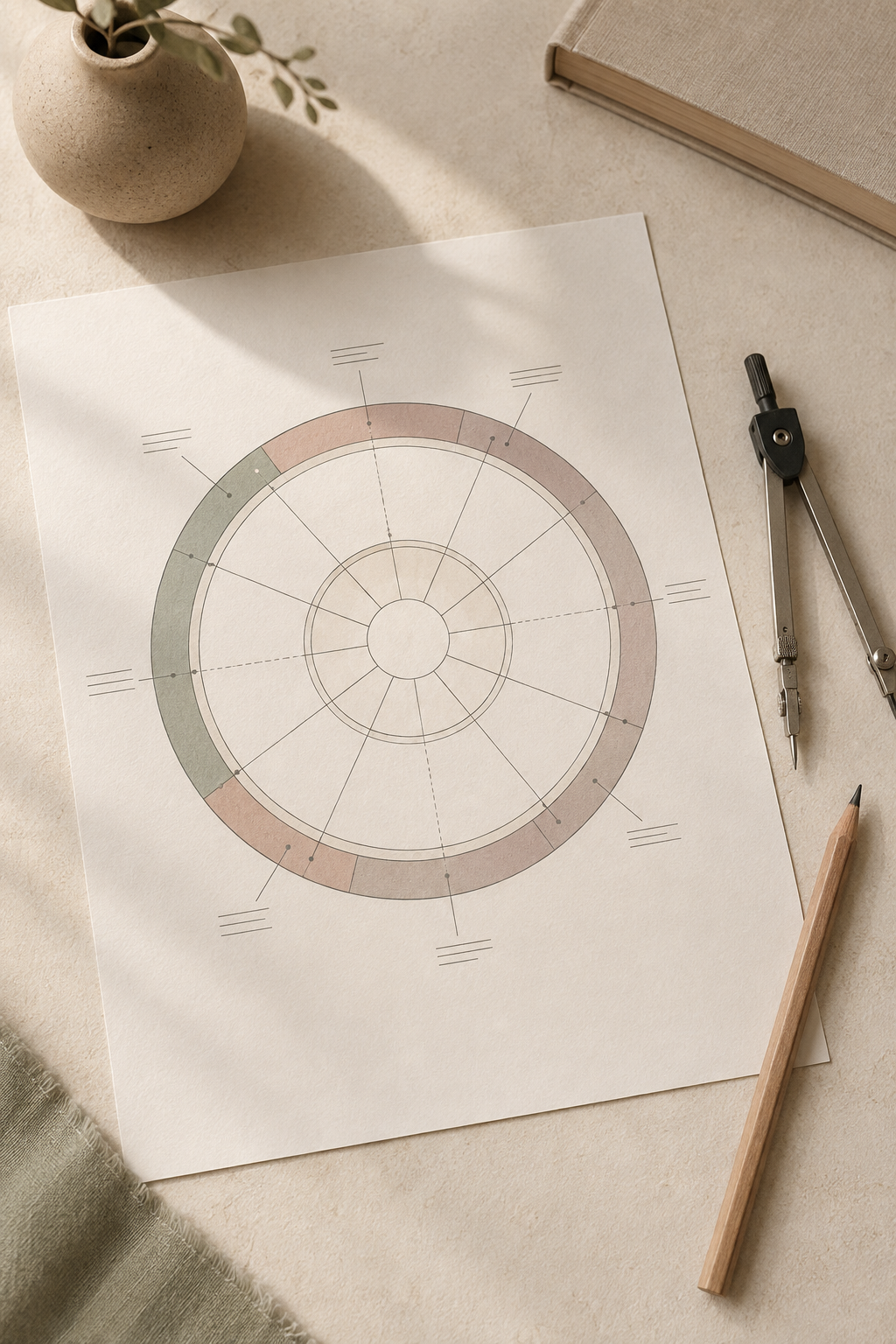 A printed chart diagram with a drafting compass